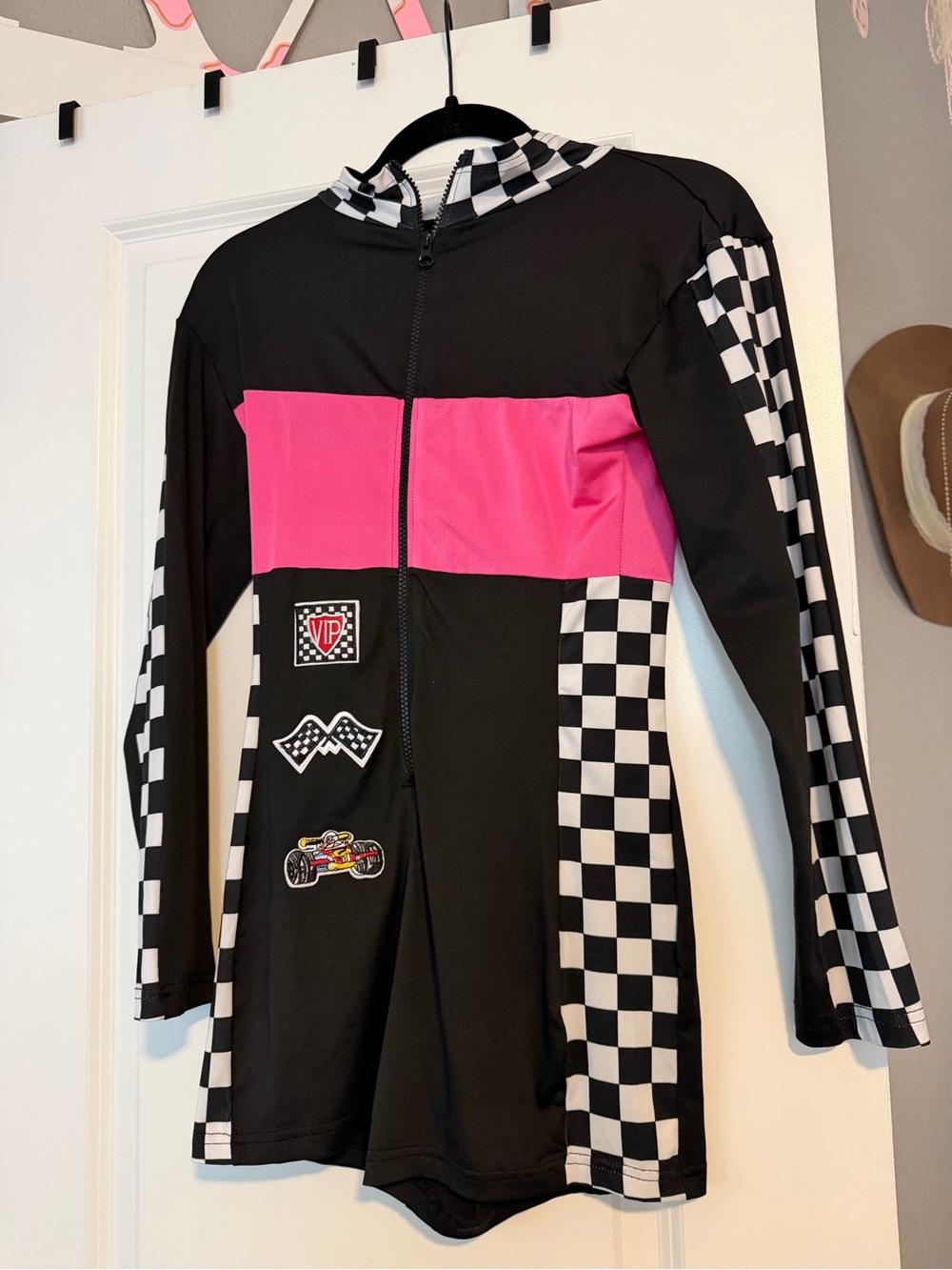 Girls Racing Checkered Zip-Up Romper with Pink Panel